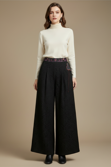 Pantalon Chinois Noir Jacquard Brodé Ample Élégant Femme - Polyester - vue 3