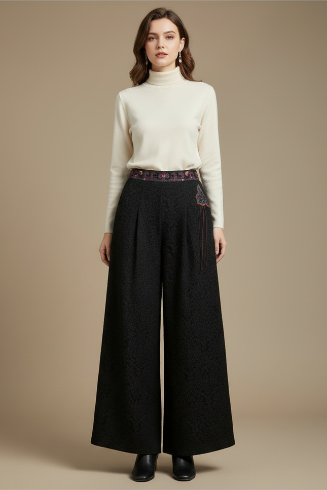 Pantalon Chinois Noir Jacquard Brodé Ample Élégant Femme - Polyester - vue 3