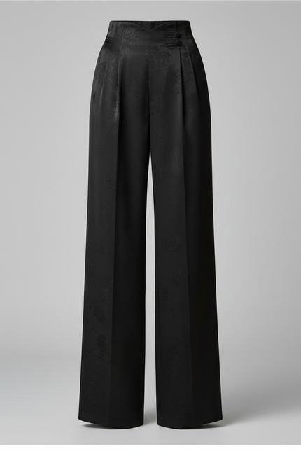 Pantalon Chinois Noir Jacquard Ample Fluide Élégant - Satin - vue 3