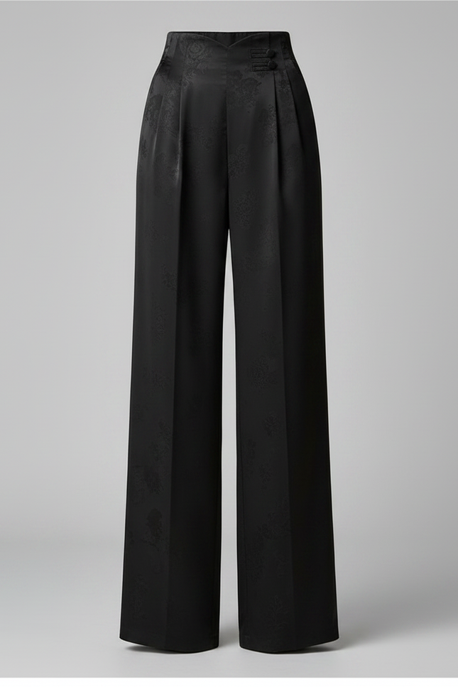 Pantalon Chinois Noir Jacquard Ample Fluide Élégant - Satin - vue 3