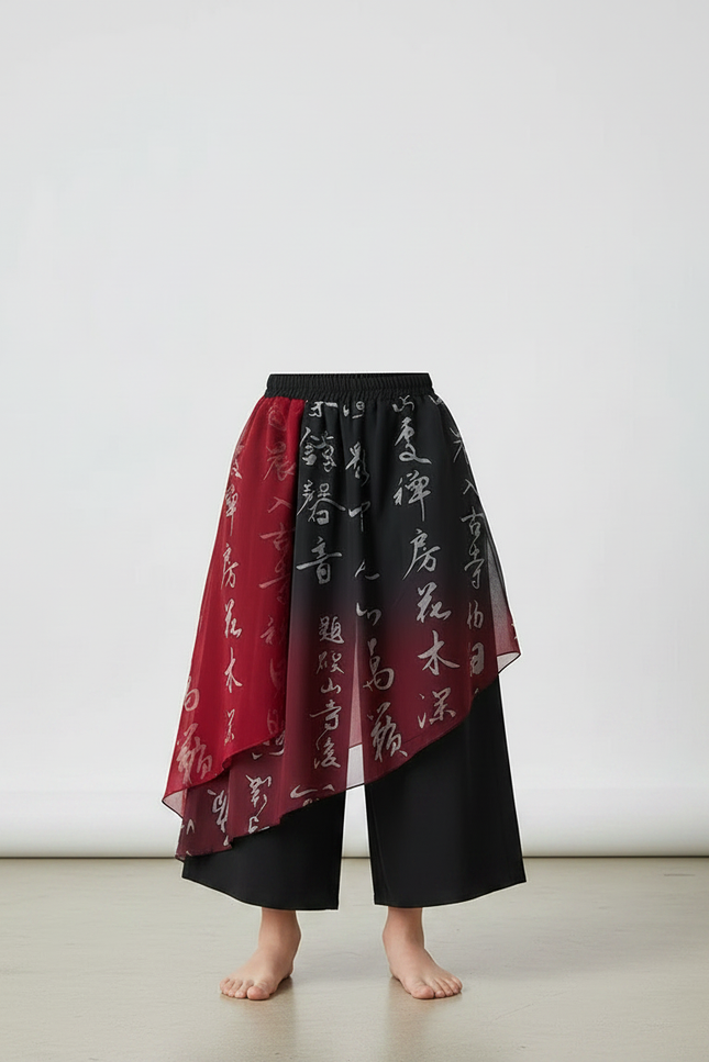 Pantalon Chinois Noir Rouge Fluide Imprimé Caractères Ample - Multicolore Polyester - vue 3