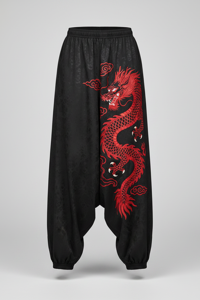 Pantalon Chinois Noir Brodé Dragon Harem Satiné - vue 3