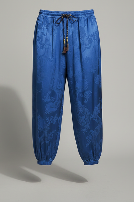 Pantalon Chinois Satin Bleu Dragon Ample Homme - vue 3