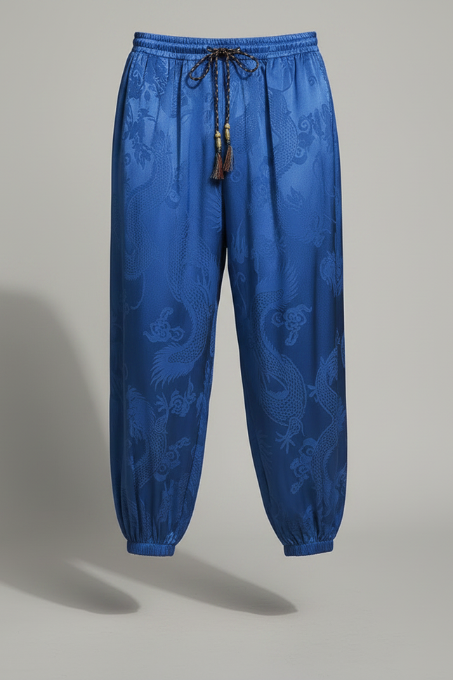 Pantalon Chinois Satin Bleu Dragon Ample Homme - vue 3