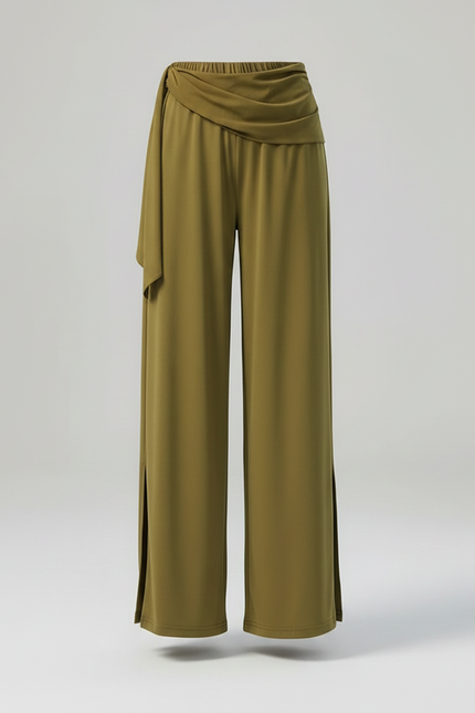 Pantalon Chinois Vert Fluide Ample Fendu Femme - Kaki Polyester - vue 3