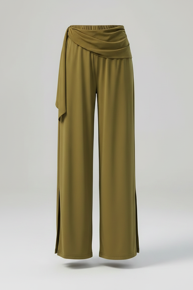 Pantalon Chinois Vert Fluide Ample Fendu Femme - Kaki Polyester - vue 3