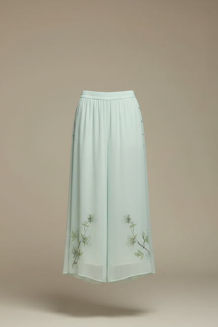 Pantalon Chinois Fluide Menthe Imprimé Floral Élégant - Vert Soie - vue 3