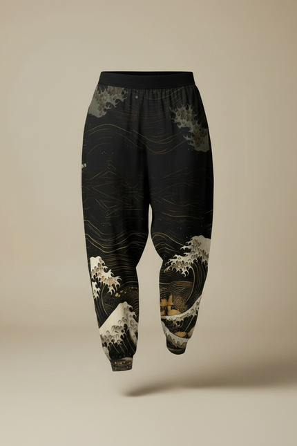 Pantalon Chinois Noir Ample Hokusai Motif Vagues Fluide - Viscose - vue 3