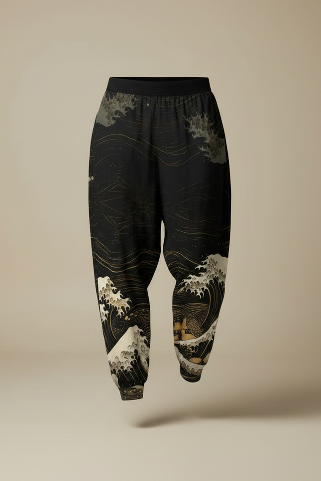 Pantalon Chinois Noir Ample Hokusai Motif Vagues Fluide - Viscose - vue 3