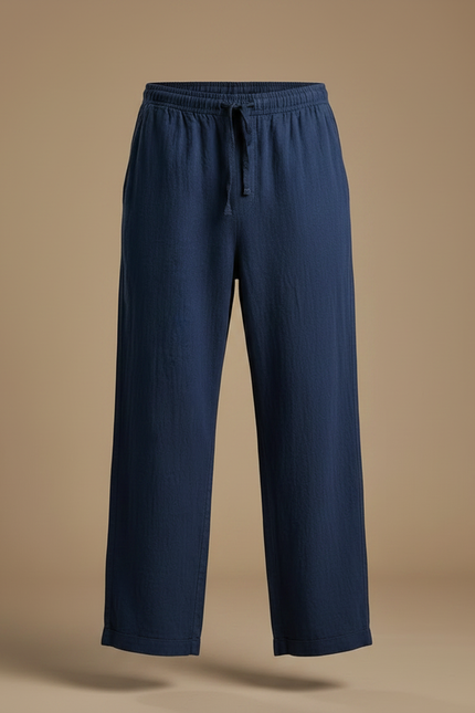Pantalon Chinois Bleu Marine Ample Coton Lin Cordon - vue 3