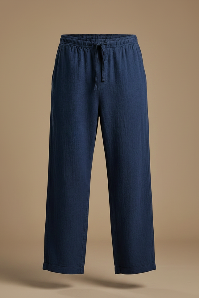 Pantalon Chinois Bleu Marine Ample Coton Lin Cordon - vue 3