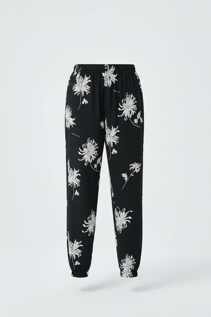 Pantalon Chinois Noir Imprimé Fleuri Ample Fluide Fille - Viscose - vue 3