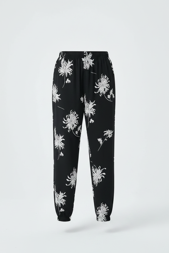 Pantalon Chinois Noir Imprimé Fleuri Ample Fluide Fille - Viscose - vue 3