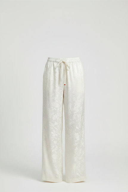Pantalon Chinois Crème Satin Jacquard Ample Élégant - Beige - vue 3