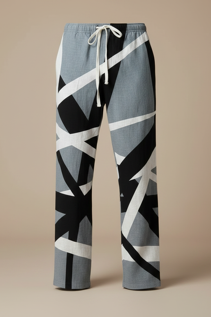 Pantalon Chinois Géométrique Noir Blanc Ample Cordon Homme - Multicolore Lin - vue 3