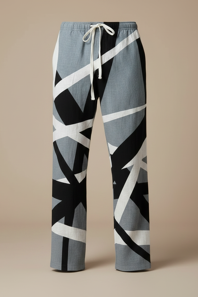 Pantalon Chinois Géométrique Noir Blanc Ample Cordon Homme - Multicolore Lin - vue 3