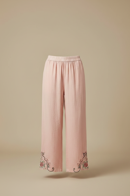 Pantalon Chinois Rose Brodé Floral Fluide Femme - Lin - vue 3