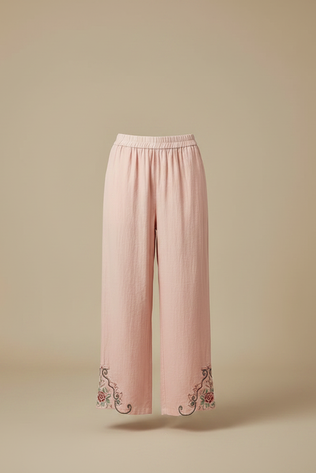 Pantalon Chinois Rose Brodé Floral Fluide Femme - Lin - vue 3