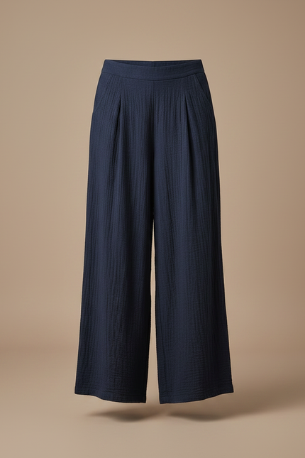 Pantalon Chinois Bleu Marine Plissé Ample Coton - vue 3