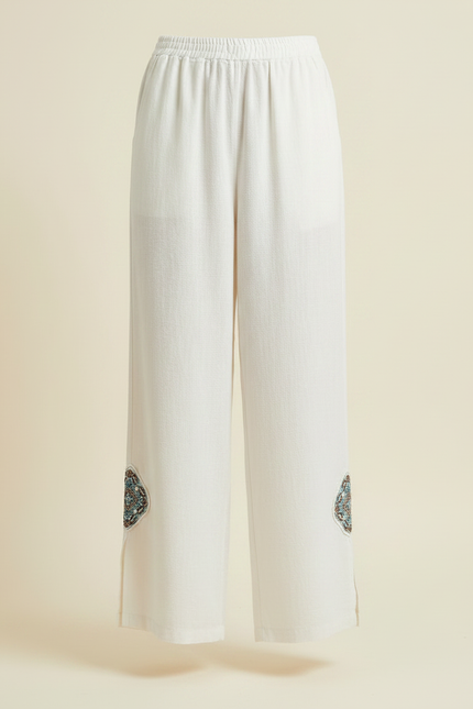 Pantalon Chinois Lin Ample Brodé Fendu Décontracté - Blanc - vue 3