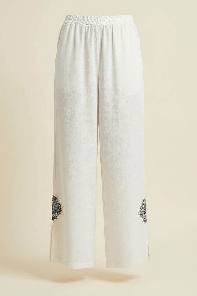 Pantalon Chinois Lin Ample Brodé Fendu Décontracté - Blanc - vue 3