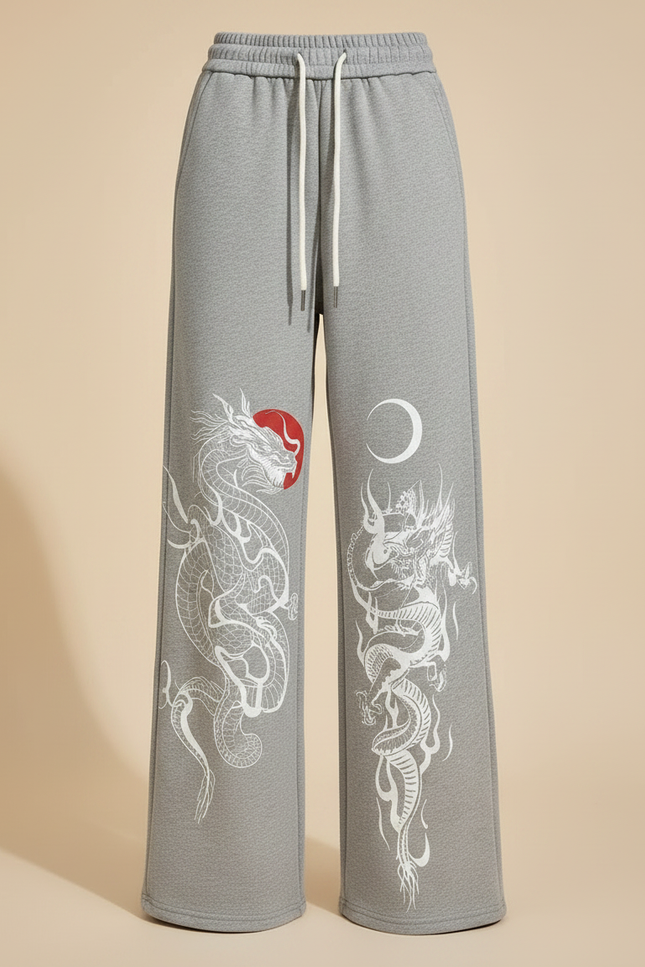 Pantalon Chinois Gris Dragon Molletonné Ample Décontracté Streetwear - vue 3