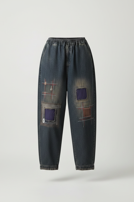 Pantalon Chinois Denim Ample Patchwork Brodé Vintage - Marine Jean - vue 3