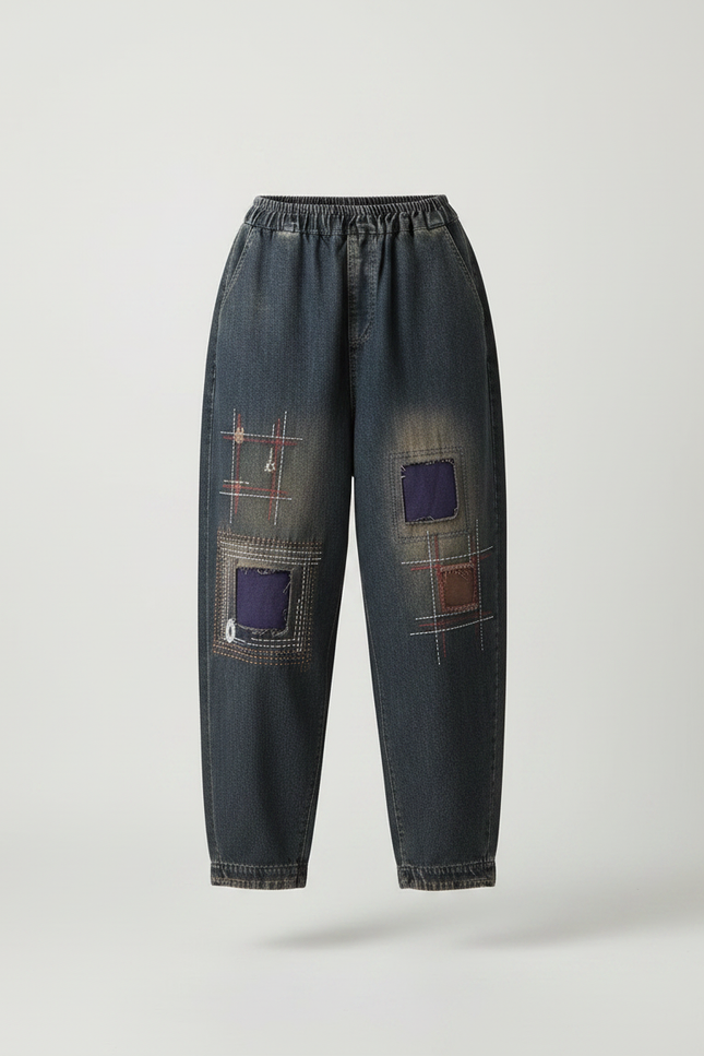 Pantalon Chinois Denim Ample Patchwork Brodé Vintage - Marine Jean - vue 3