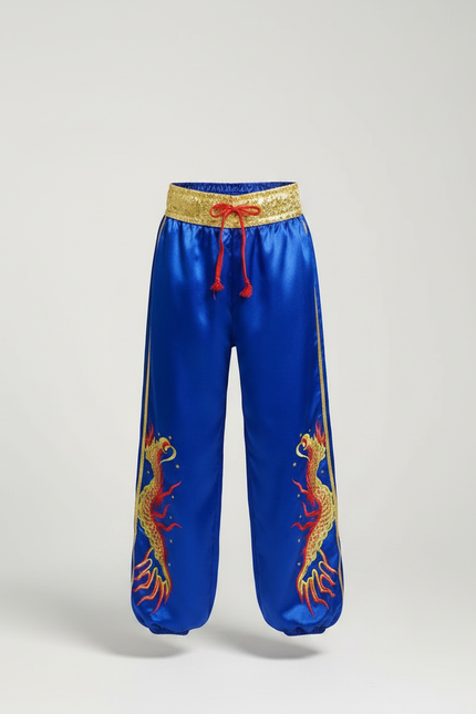 Pantalon Chinois Bleu Satiné Ample Brodé Dragon - vue 3