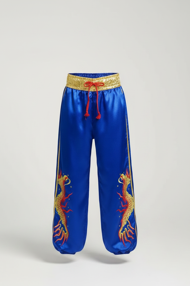 Pantalon Chinois Bleu Satiné Ample Brodé Dragon - vue 3