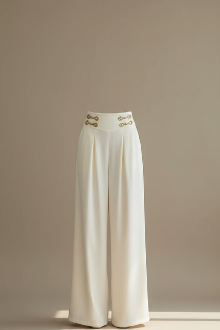 Pantalon Chinois Blanc Cassé Taille Haute Fluide Élégant - Beige Satin - vue 3