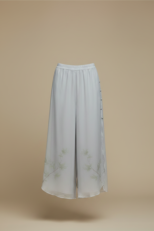 Pantalon Chinois Gris Fluide Brodé Transparent Femme - Soie - vue 3
