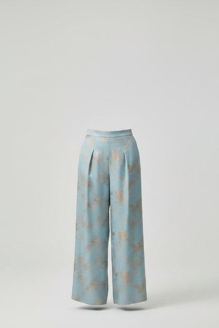 Pantalon Chinois Bleu Satiné Imprimé Doré Ample Fluide - vue 3