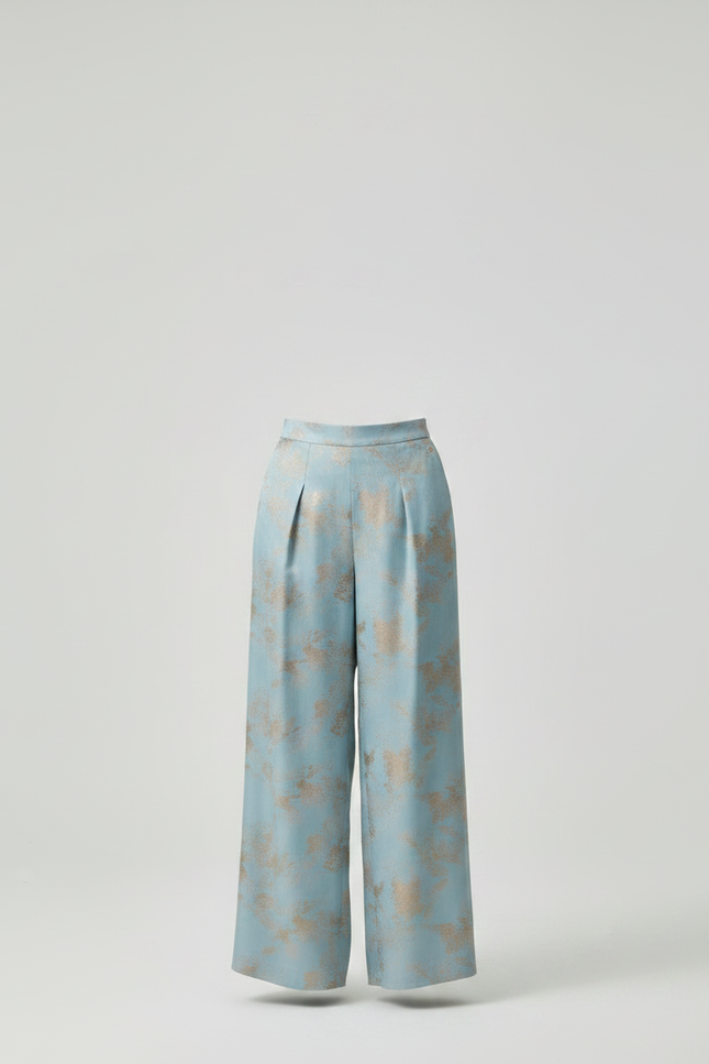 Pantalon Chinois Bleu Satiné Imprimé Doré Ample Fluide - vue 3