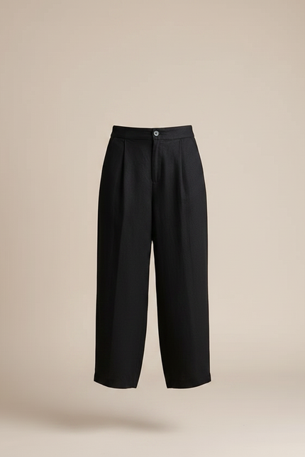 Pantalon Chinois Noir Ample Plissé Coton Lin - vue 3