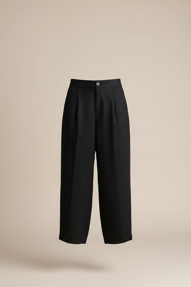 Pantalon Chinois Noir Ample Plissé Coton Lin - vue 3
