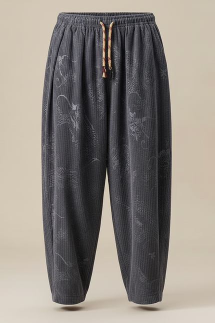 Pantalon Chinois Gris Côtelé Brodé Dragon Ample - Cordé - vue 3