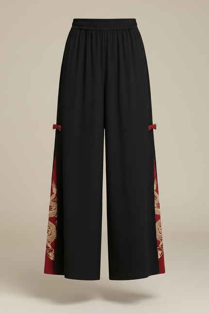 Pantalon Chinois Noir Brodé Dragon Ample Fendu Ethnique - Polyester - vue 3