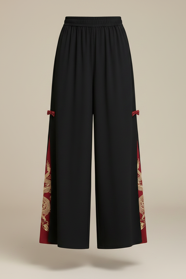 Pantalon Chinois Noir Brodé Dragon Ample Fendu Ethnique - Polyester - vue 3