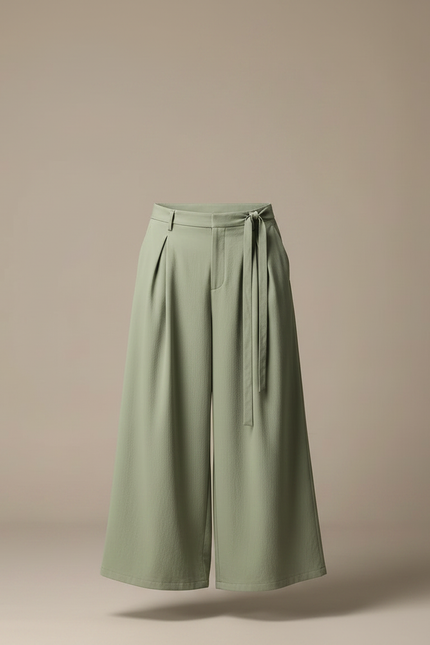 Pantalon Chinois Ample Vert Plissé Ceinture Décontracté - Polyester - vue 3