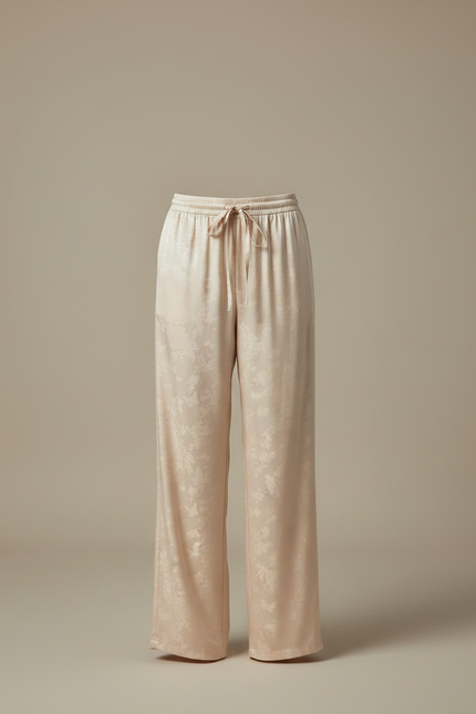Pantalon Chinois Satin Beige Jacquard Ample Fluide Femme - vue 3