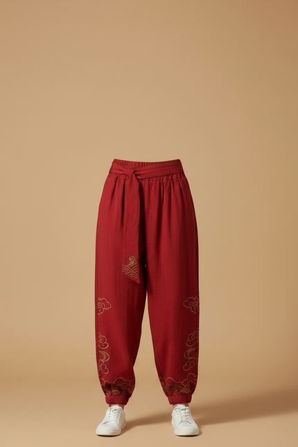 Pantalon Chinois Rouge Harem Fluide Brodé Coton - vue 3