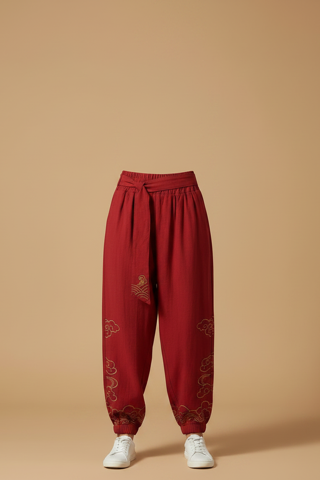 Pantalon Chinois Rouge Harem Fluide Brodé Coton - vue 3