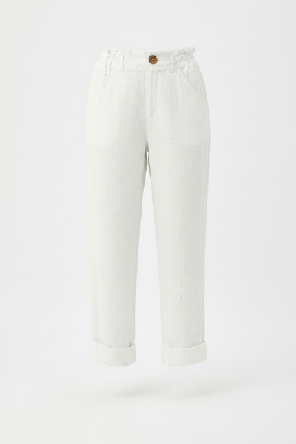 Pantalon Chinois Blanc Lin Ample Décontracté Cropped - vue 3