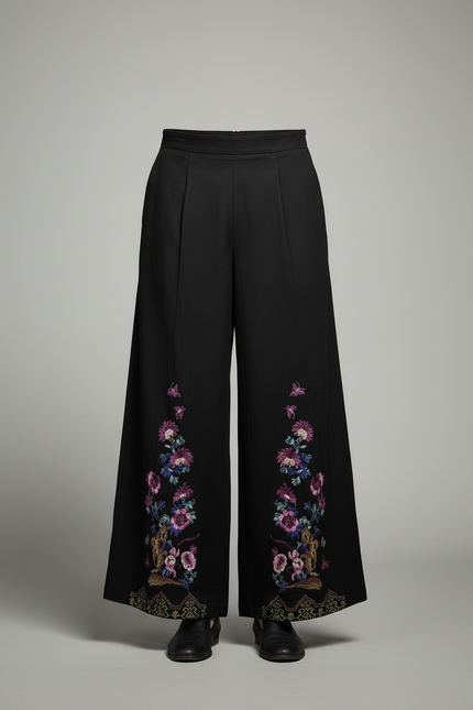 Pantalon Chinois Noir Brodé Ample Vintage Fluide - Viscose - vue 3