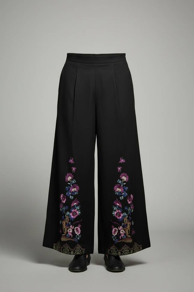 Pantalon Chinois Noir Brodé Ample Vintage Fluide - Viscose - vue 3