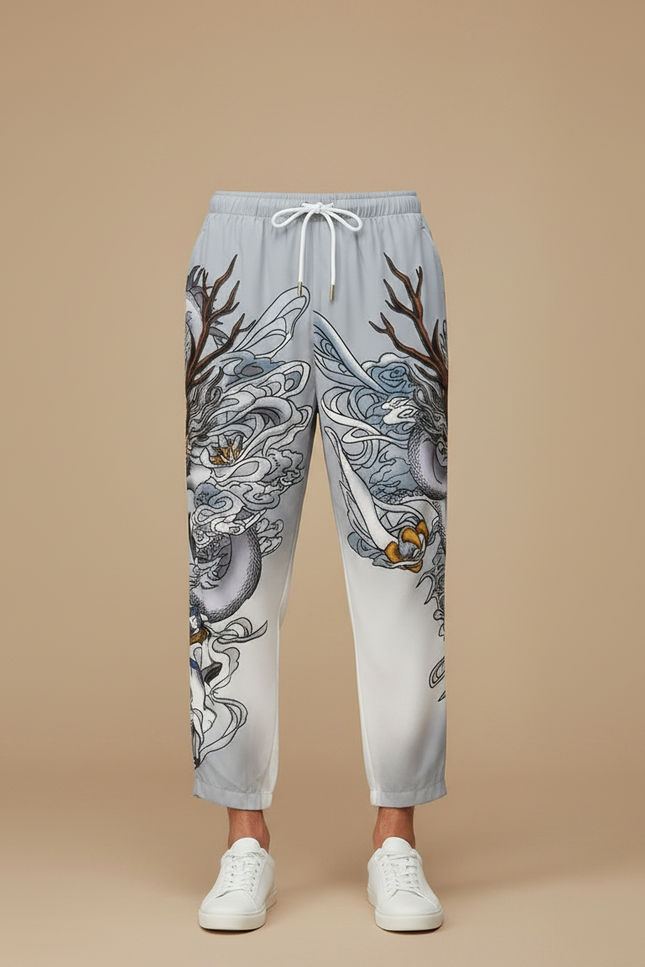 Pantalon Chinois Gris Dragon Imprimé Harem Décontracté - Polyester - vue 3