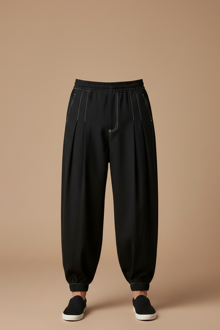 Pantalon Chinois Noir Ample Plissé Décontracté Coton - vue 3