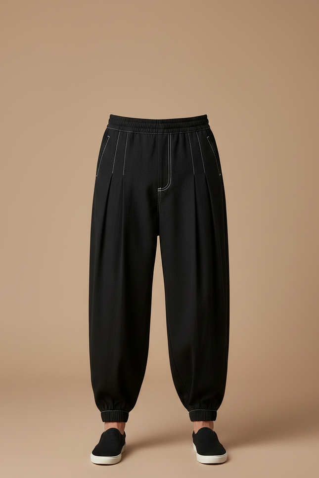 Pantalon Chinois Noir Ample Plissé Décontracté Coton - vue 3