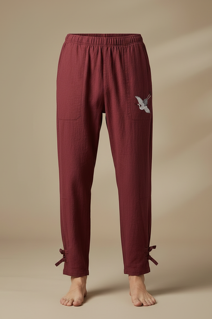 Pantalon Chinois Bordeaux Lin Brodé Grue Décontracté Homme - vue 3